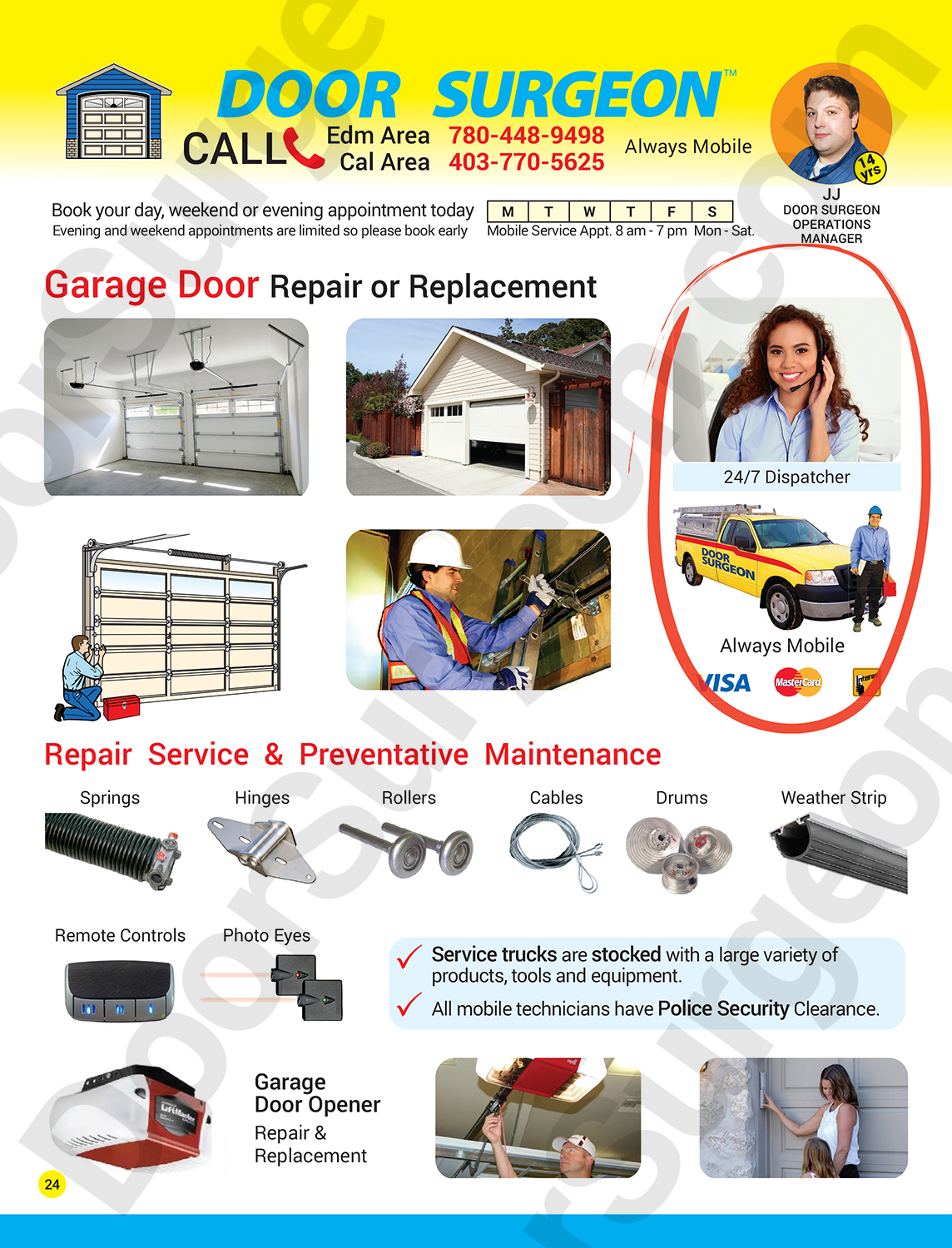 Garage door repair or replacement service and preventative maintenance for garage door parts.