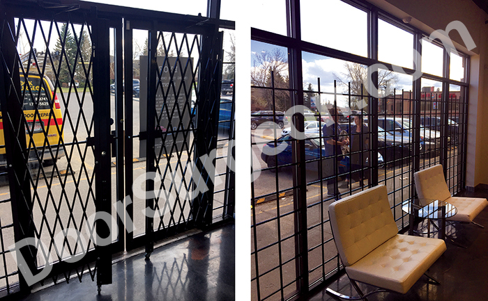 Flexible expandable security gates and window bars for doors and storefront glass.