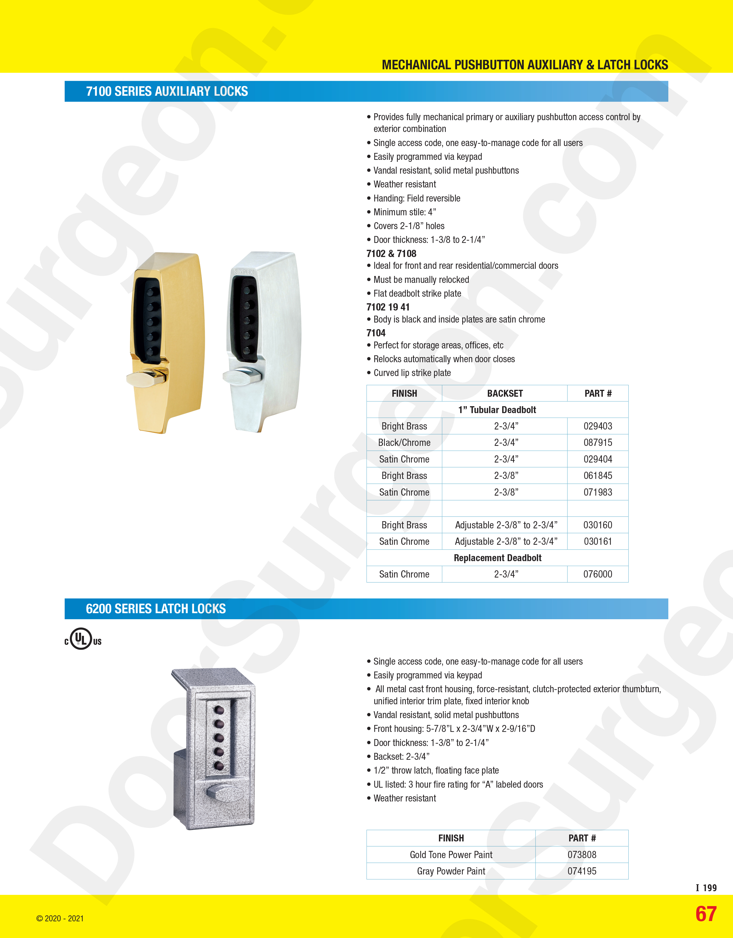 Mechanical push-button entry with deadbolt or deadlatch