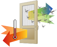 illustration of storm door keeping heat in and bugs out.