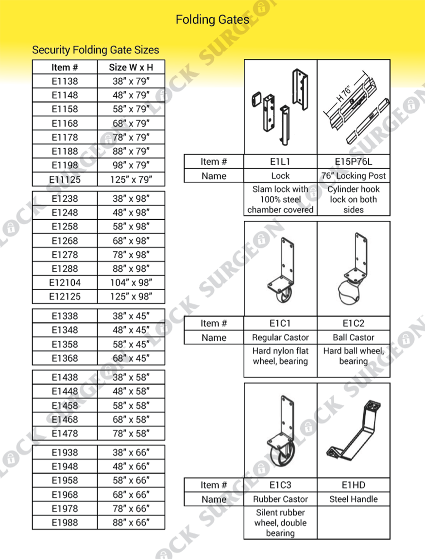 Folding gate window security bars listed in sizes available Acheson.