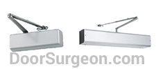 Silver coloured automatic door closer and opener Acheson.