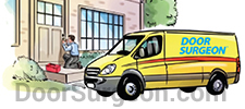 Home door adjustment and repair serviceman illustration Acheson.