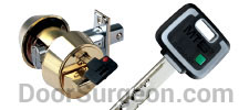 Acheson High security brass deadbolt and non-duplicatable key.