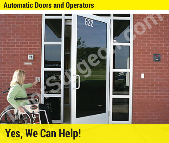 Woman in wheelchair presses button activating automatic door swing open to allow safe easy access.