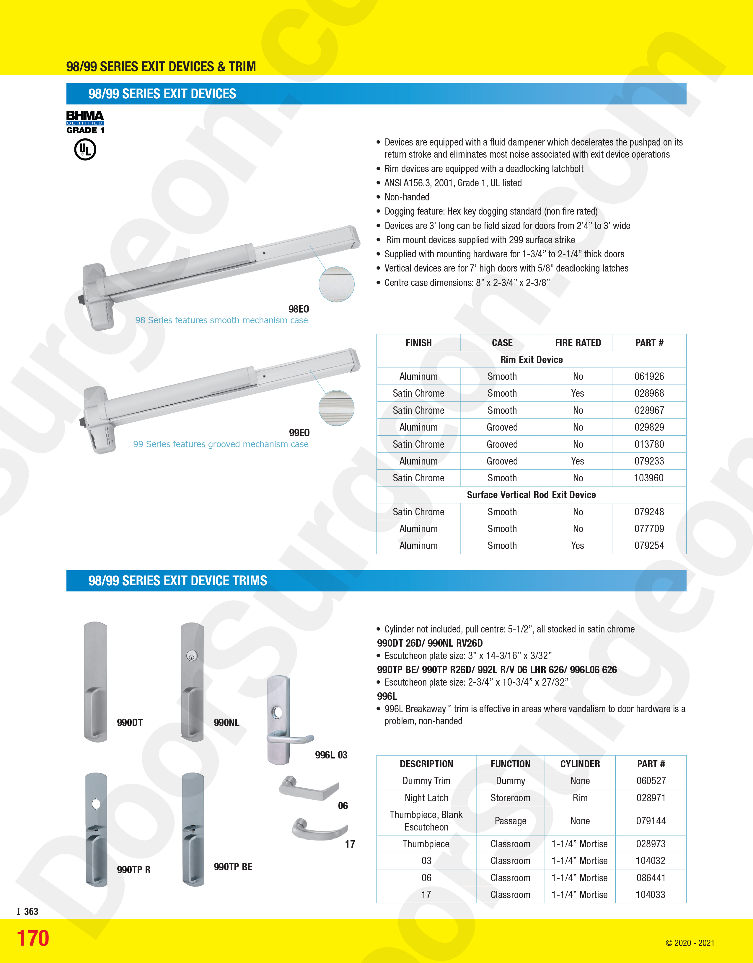 Von Duprin 98 and 99 series exit devices and trims.