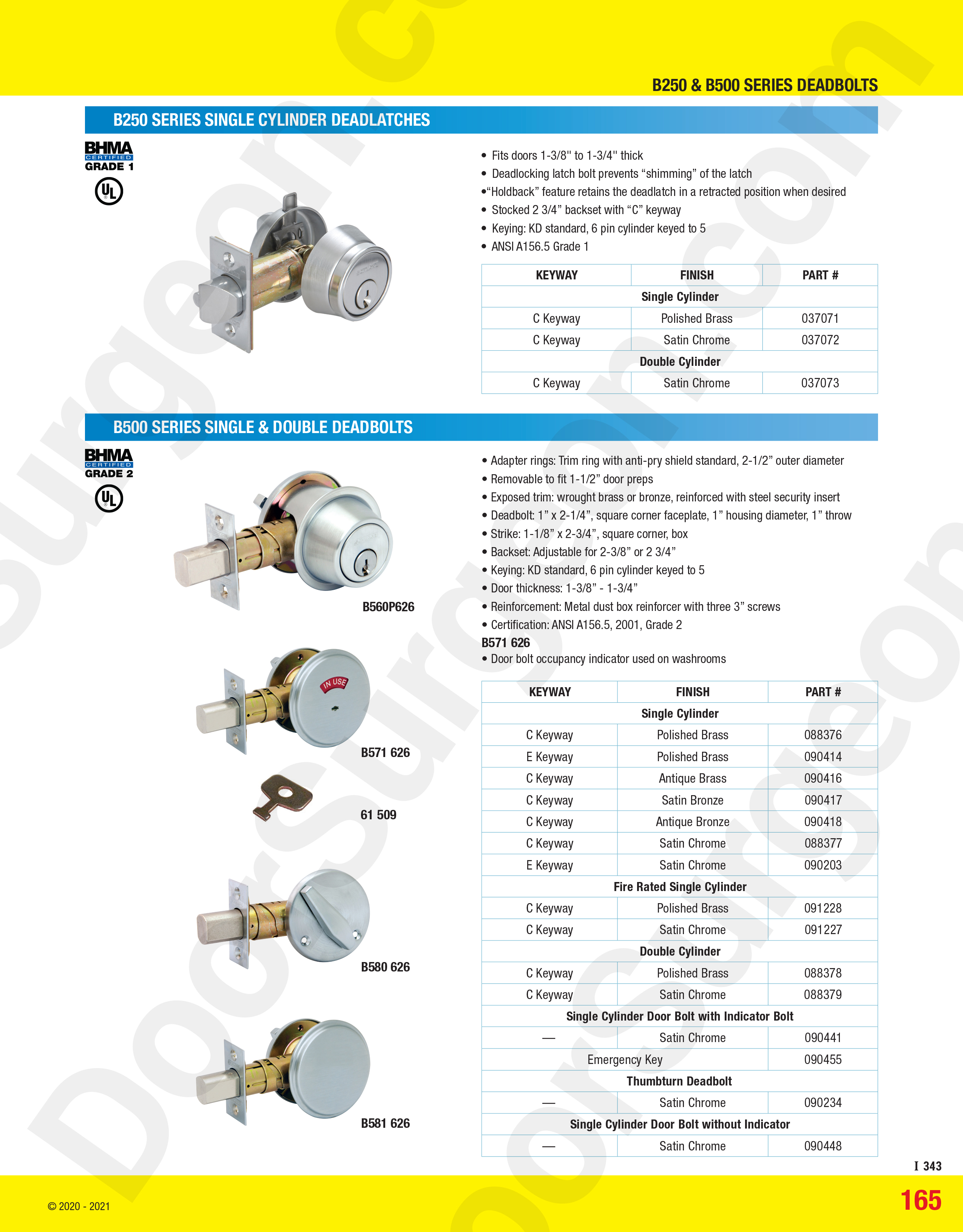 Schlage Grade 1 single-cylinder deadlatch and grade 2 single and double deadbolts.