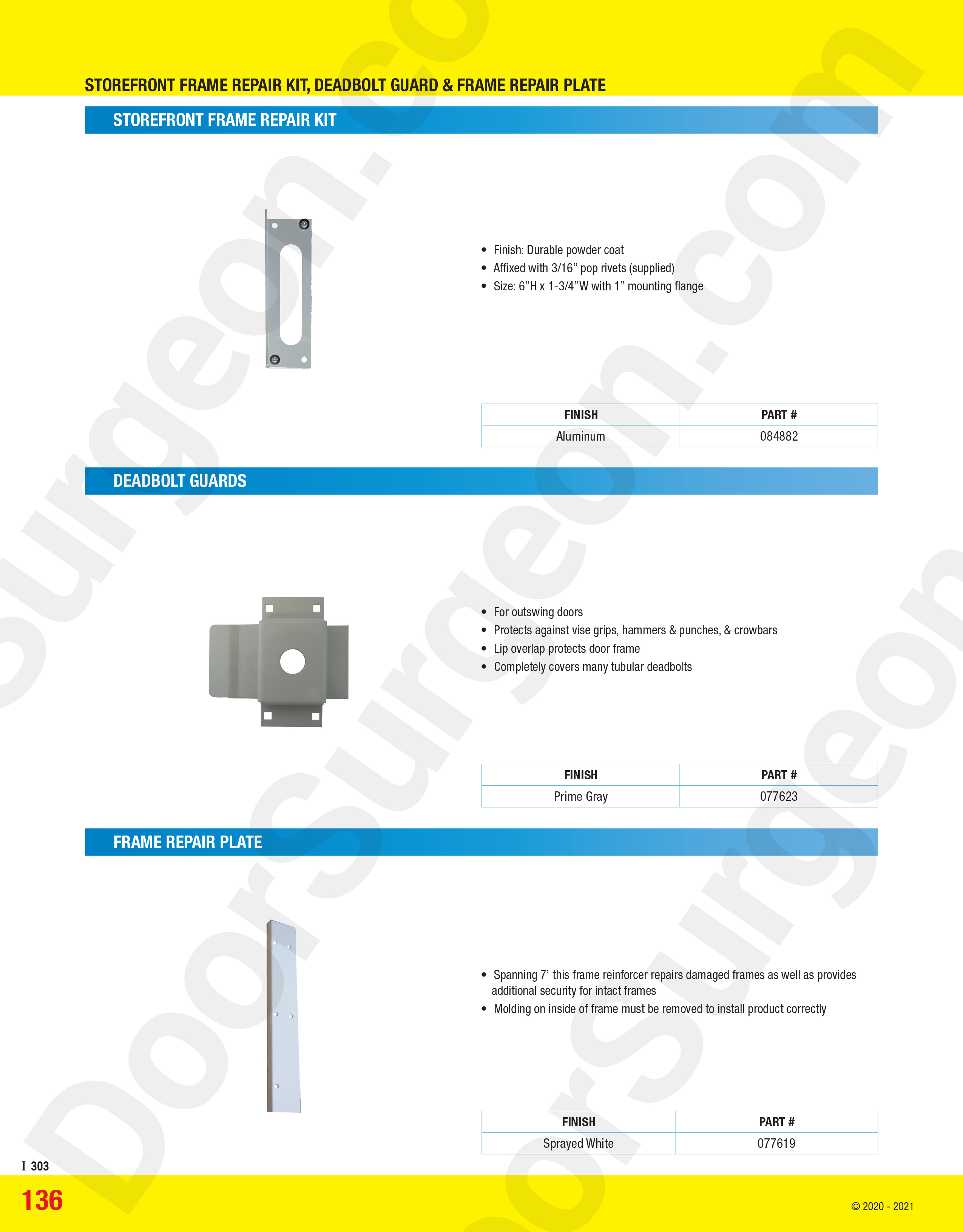 Storefront door frame repair kit, deadbolt guard and frame repair plate.