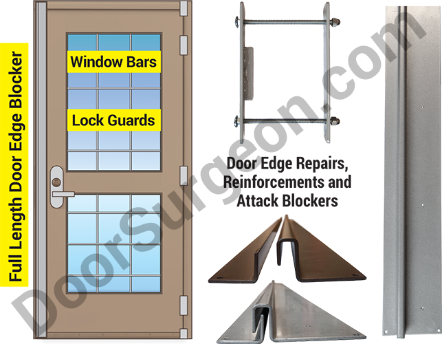 Door security reinforcements for residential and commercial industrial doors and windows.