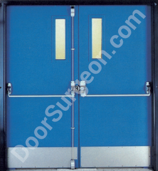 Double blue steel doors with panic bars and door lock.