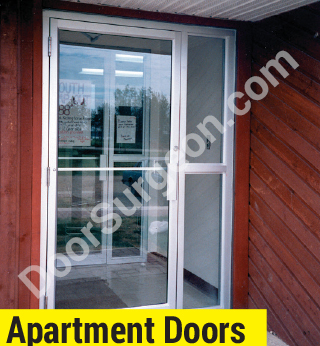 Glass aluminum apartment entryway doors.