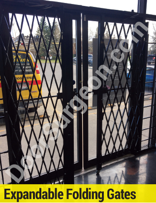 Expandable folding gates and window bars for storefront security.