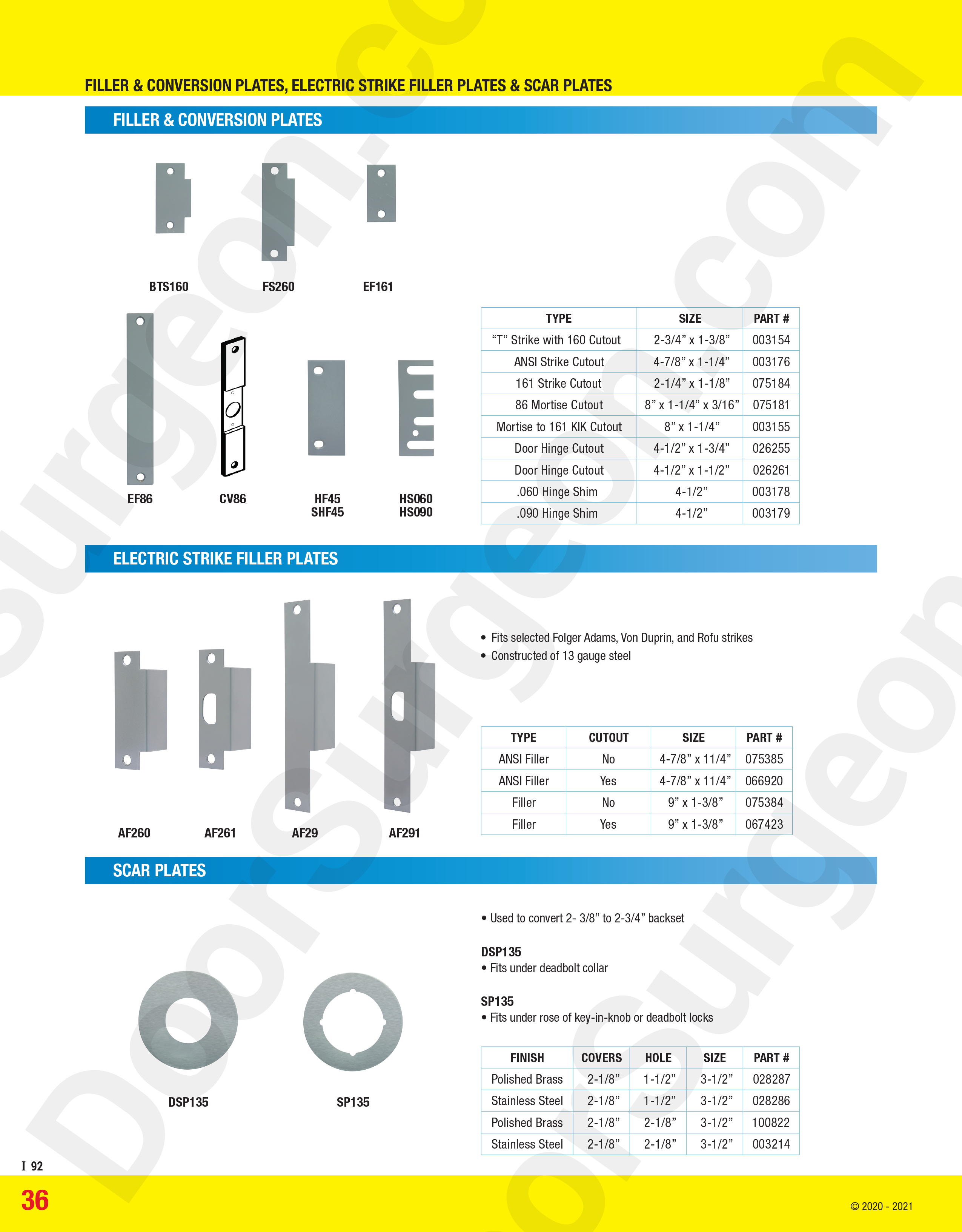 Filler and conversion plates, electric strike filler plates and scar plates