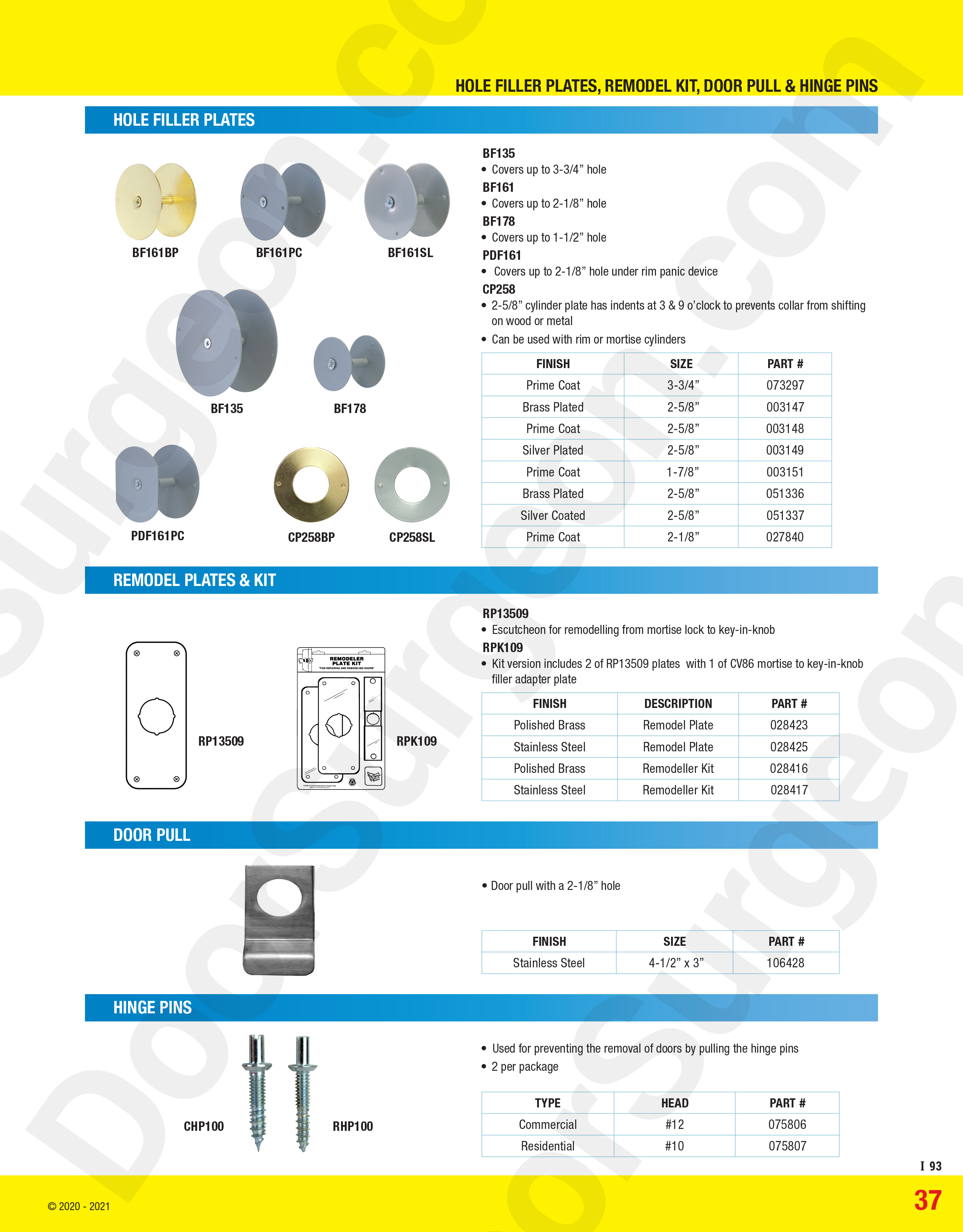 Hole filler plates, remodel plates kit, door pulls hinge pins