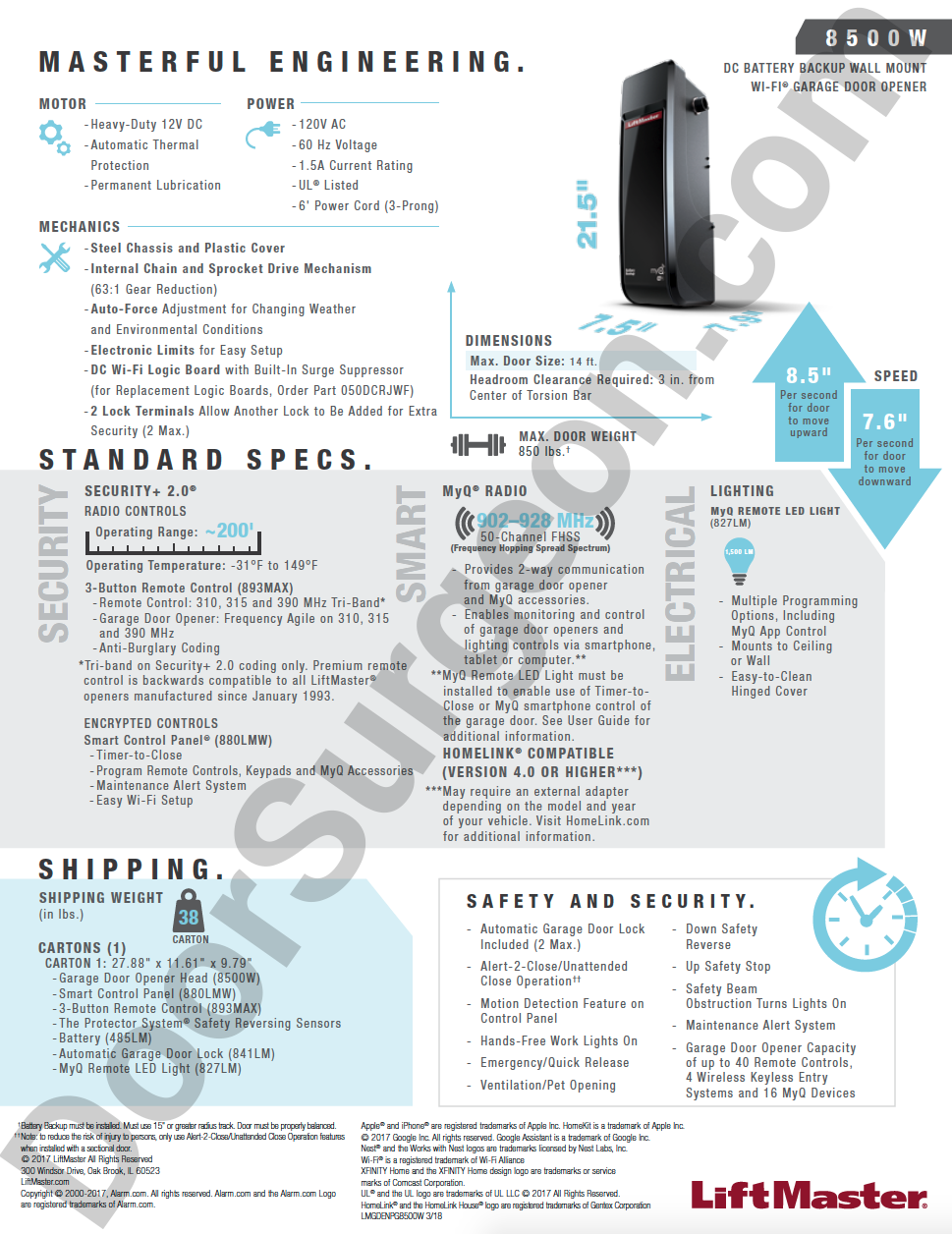 Liftmaster 8500W DC Battery backup wall mount wifi garage door opener standard specification sheet.