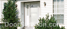 Residential storm door installed on a white house.