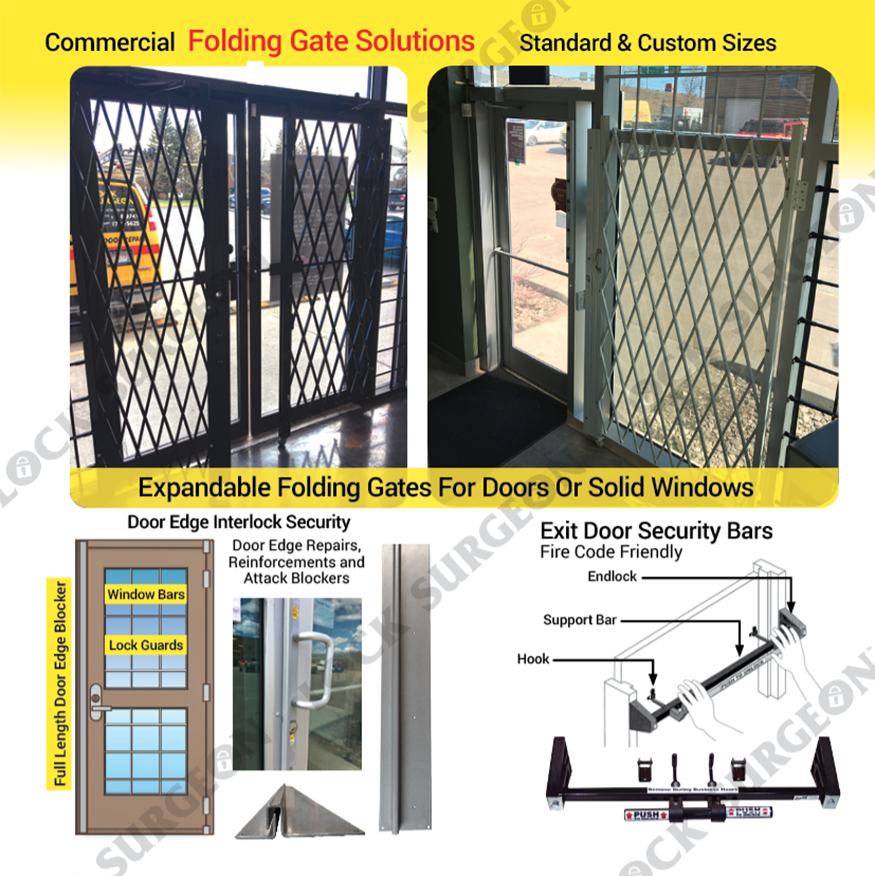Airdrie commercial folding gate window security bars by Door Surgeon.