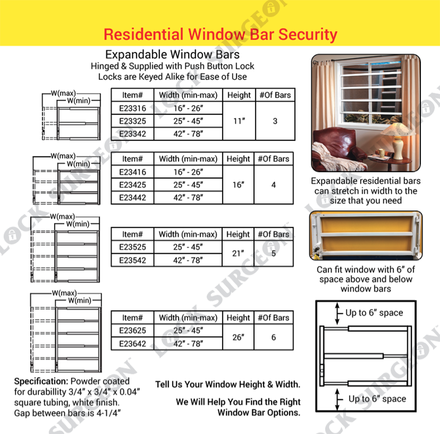 Airdrie residential window security bars, hinged, comes complete with lock.