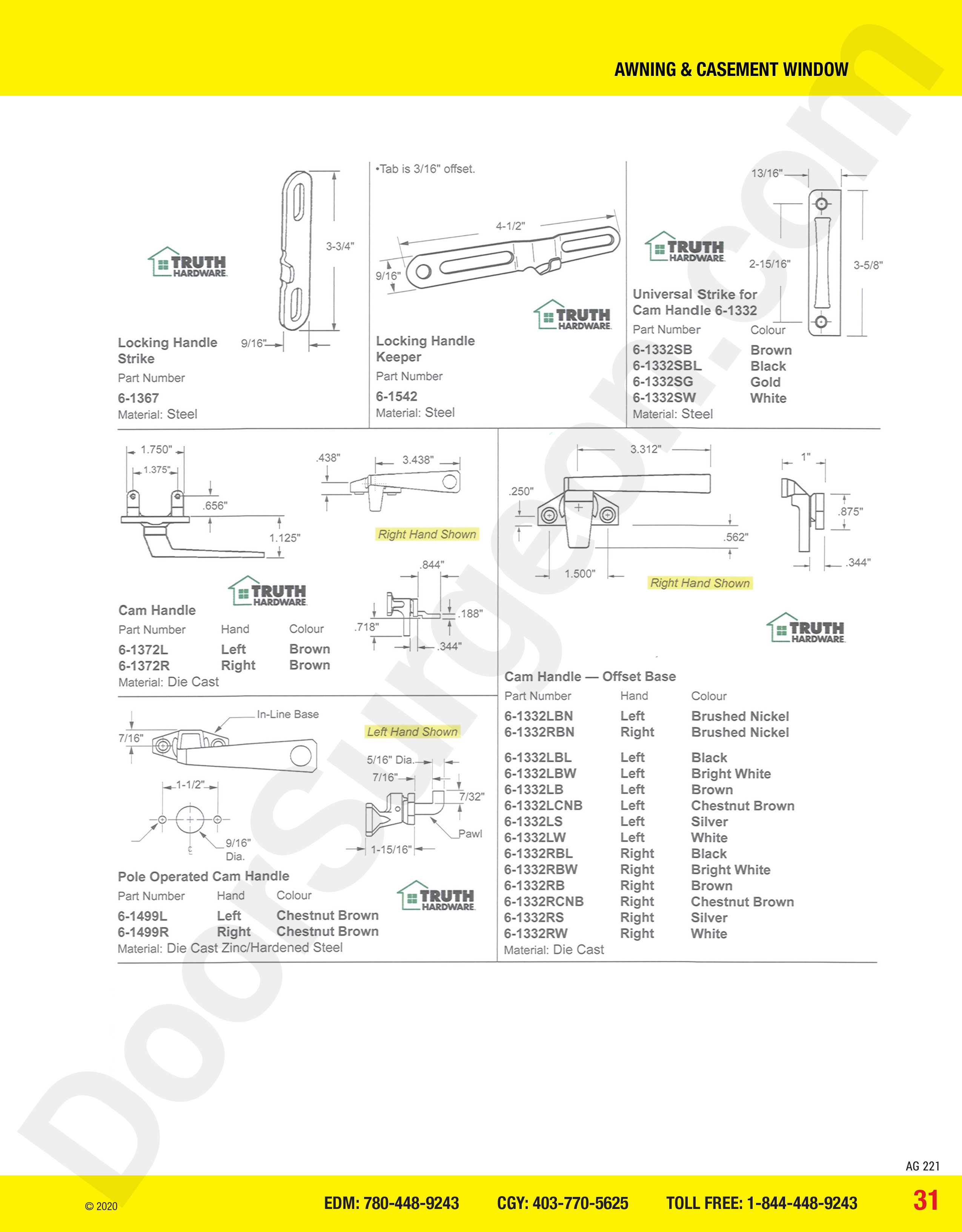 awning and casement window parts for cam handles Calgary