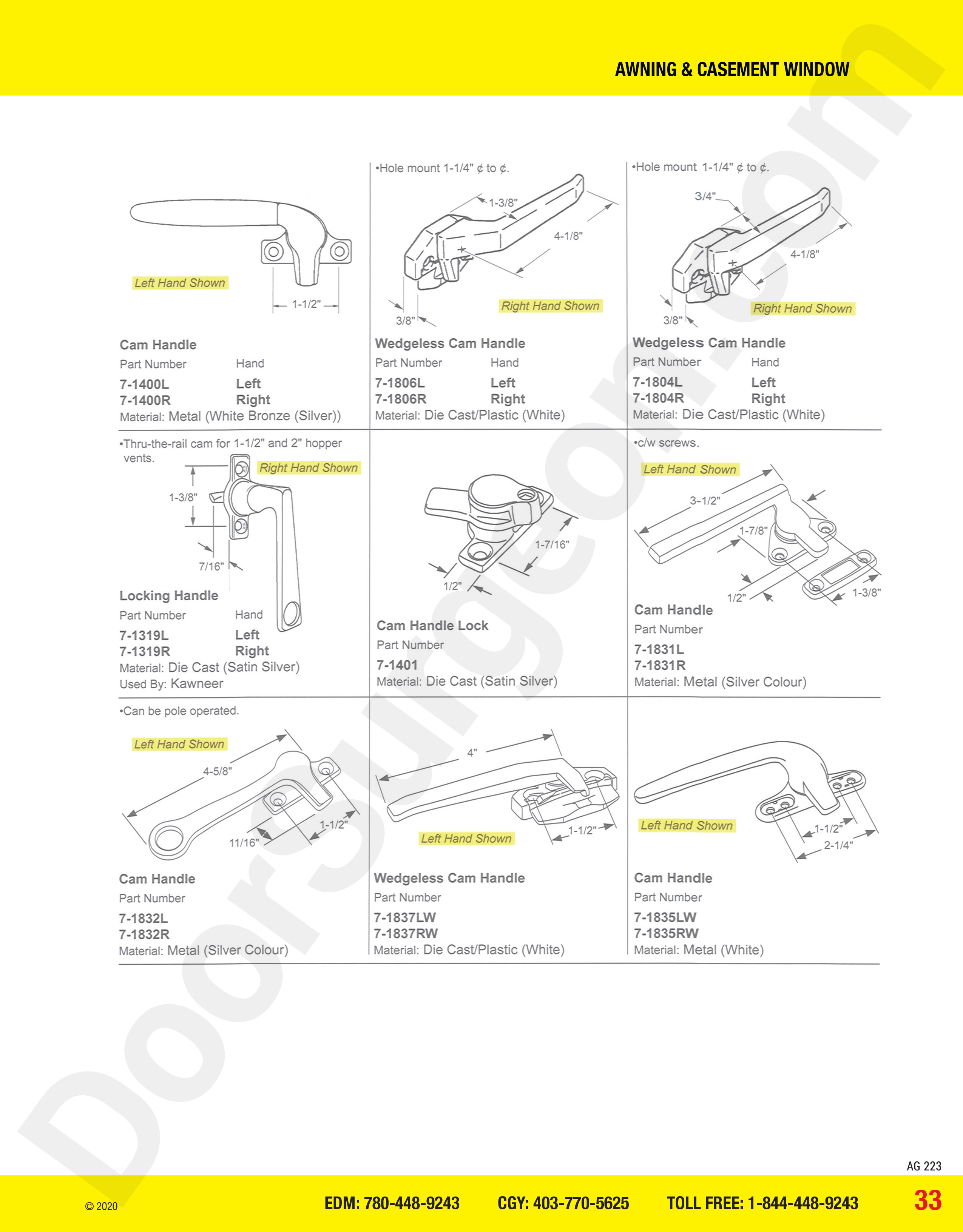 awning and casement window parts for cam handles and locks