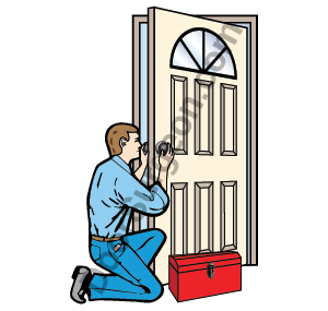 Door Surgeon service technician repairing a residential door illustration Calgary.