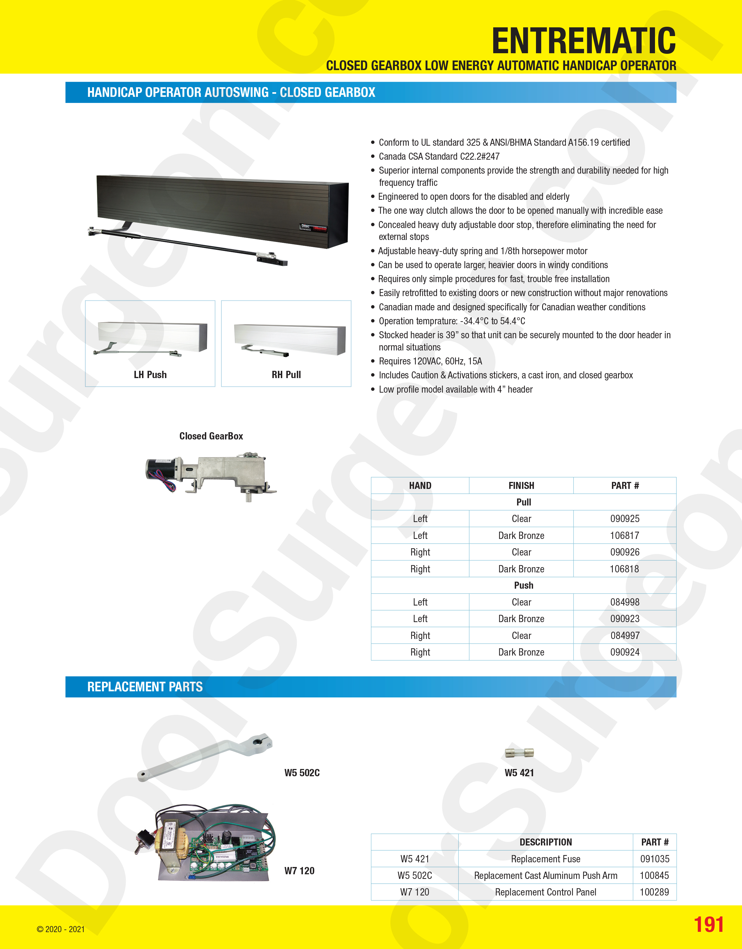 Handicap operator autoswing - closed gearbox and replacement parts Calgary