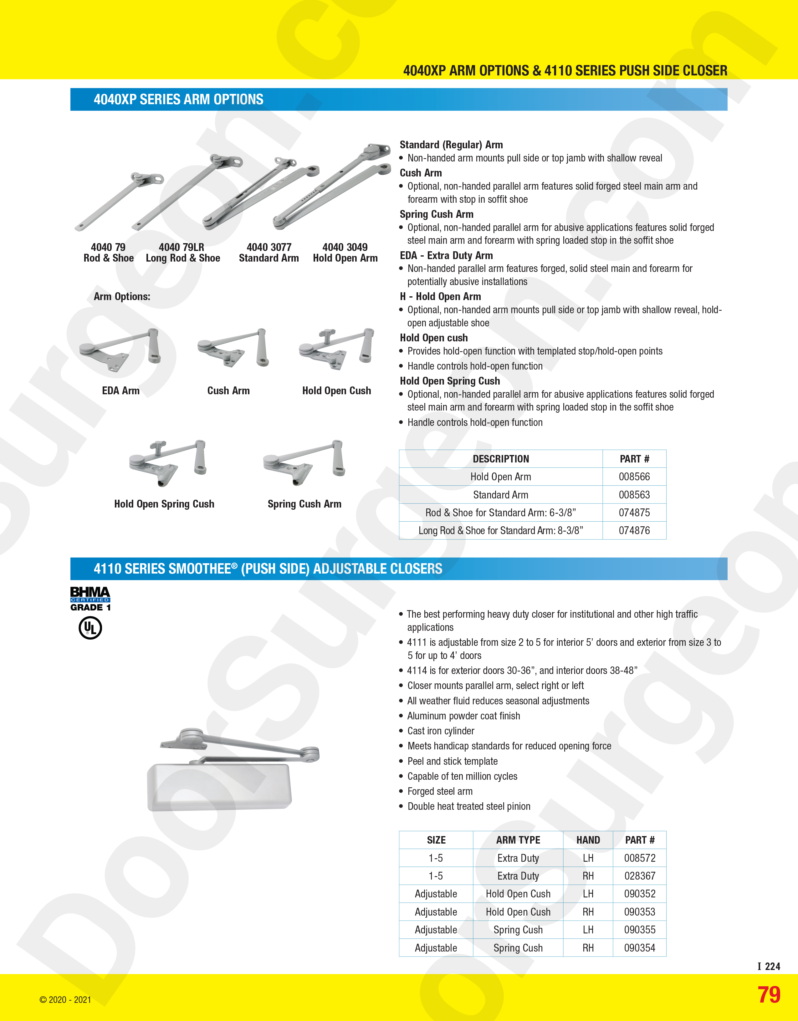 4040XP series arm options and 4110 series Smoothee® (push side) adjustable closers