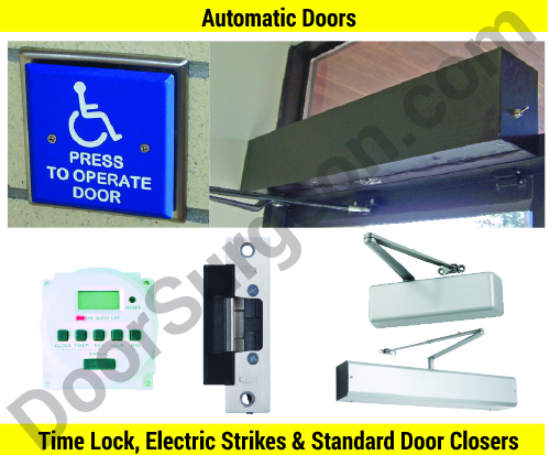 Automatic door hardware timelocks electric strikes and handicap buttons for door closers.