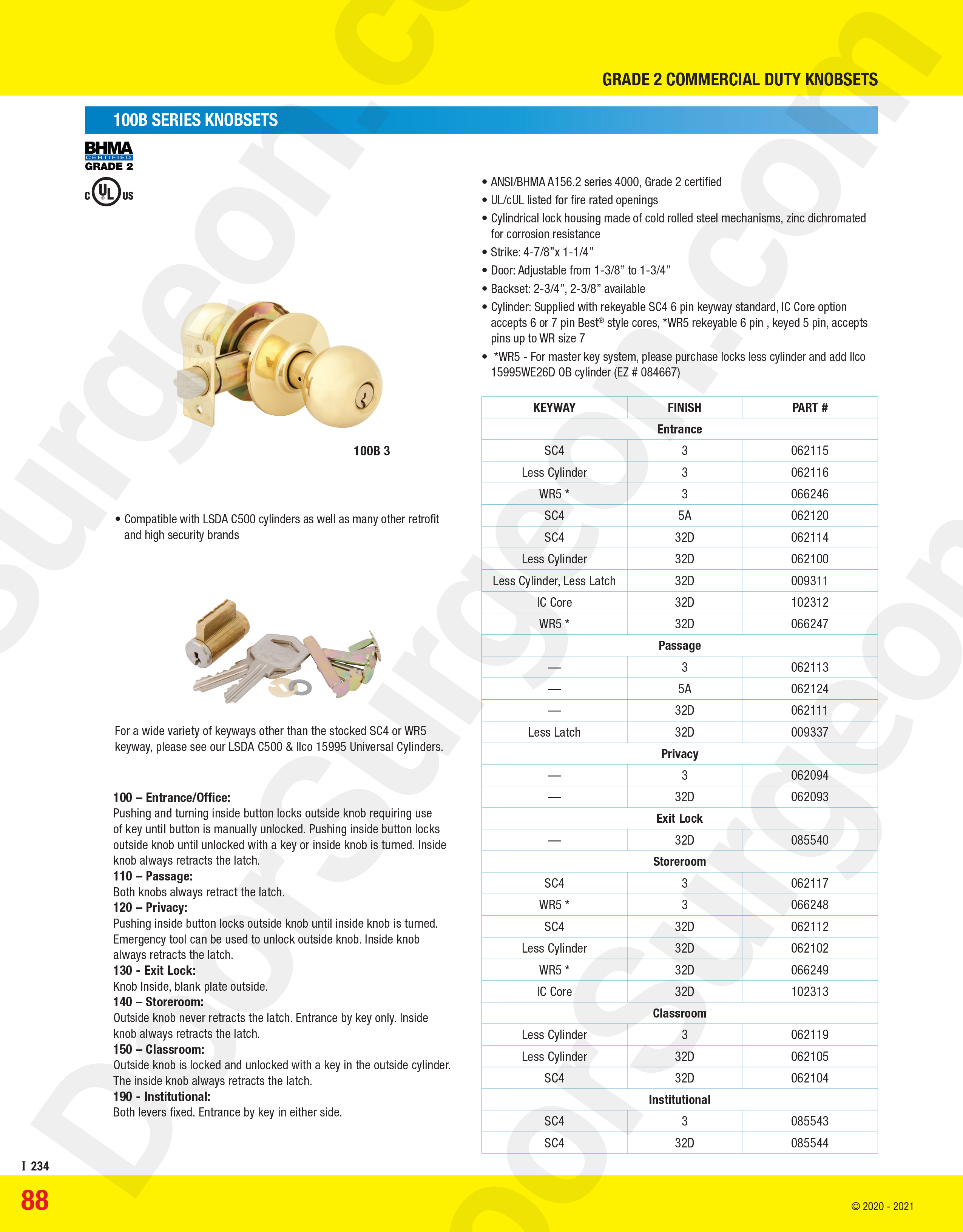 Grade 2 commercial knob-set 100b series for commercial warehouse office business industrial doors Calgary.