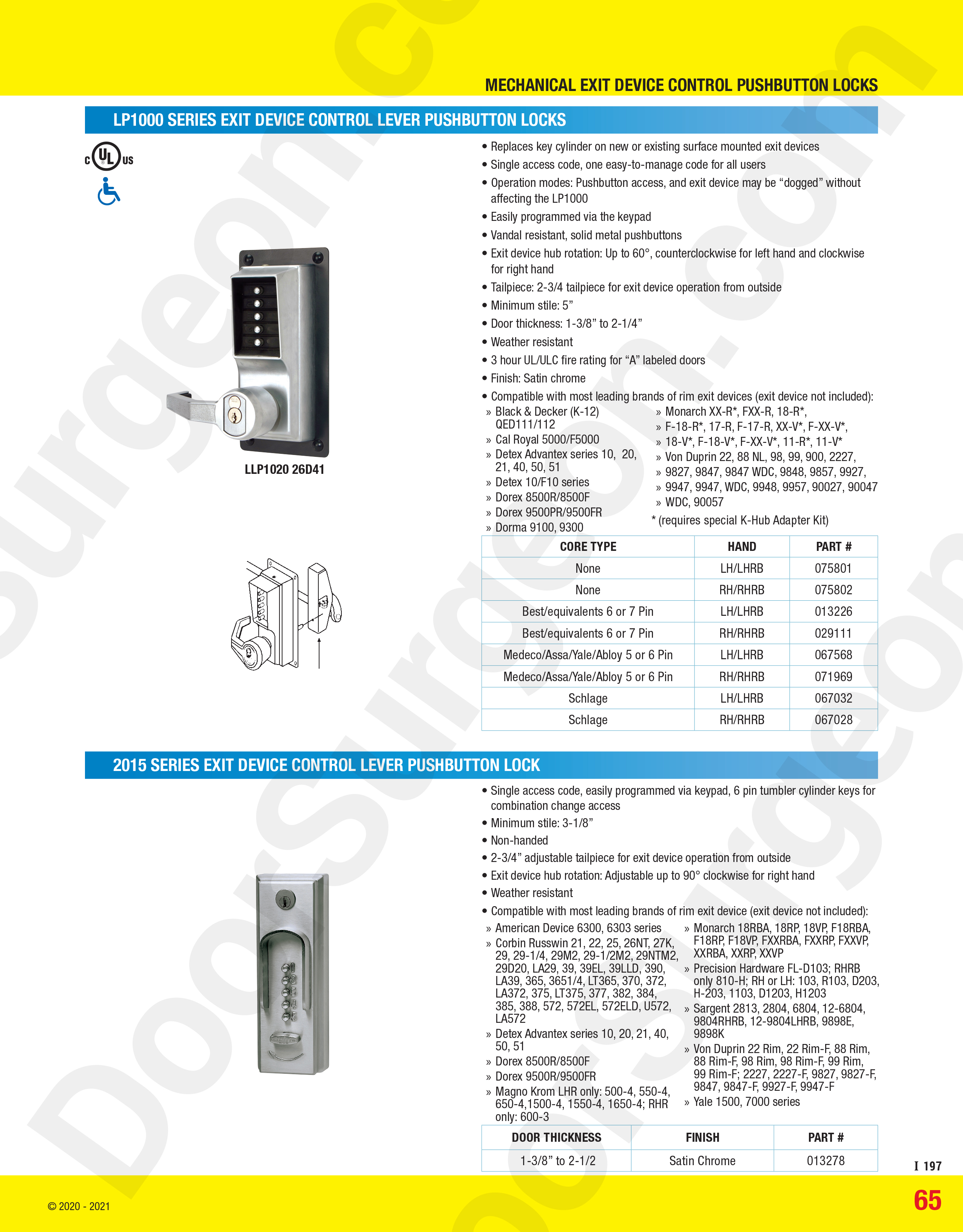 Simplex Dormakaba LP1000 series exit device control lever push-button lock for panic bars.