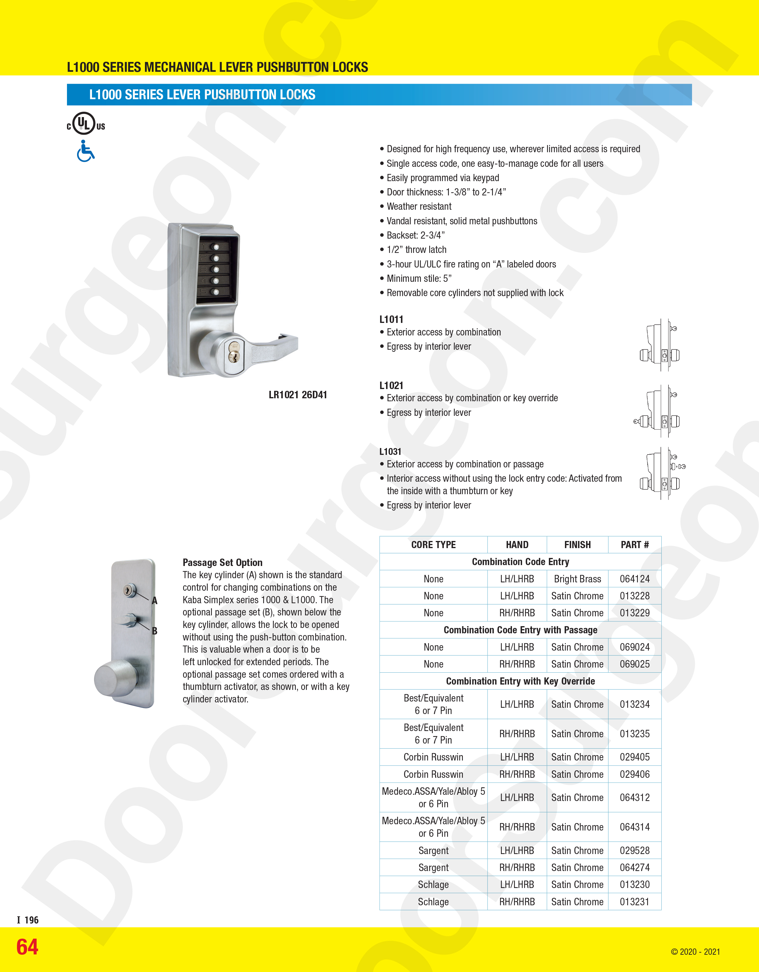 Simplex Kaba-Unican L-1000 Series Lever push-button locks Calgary.