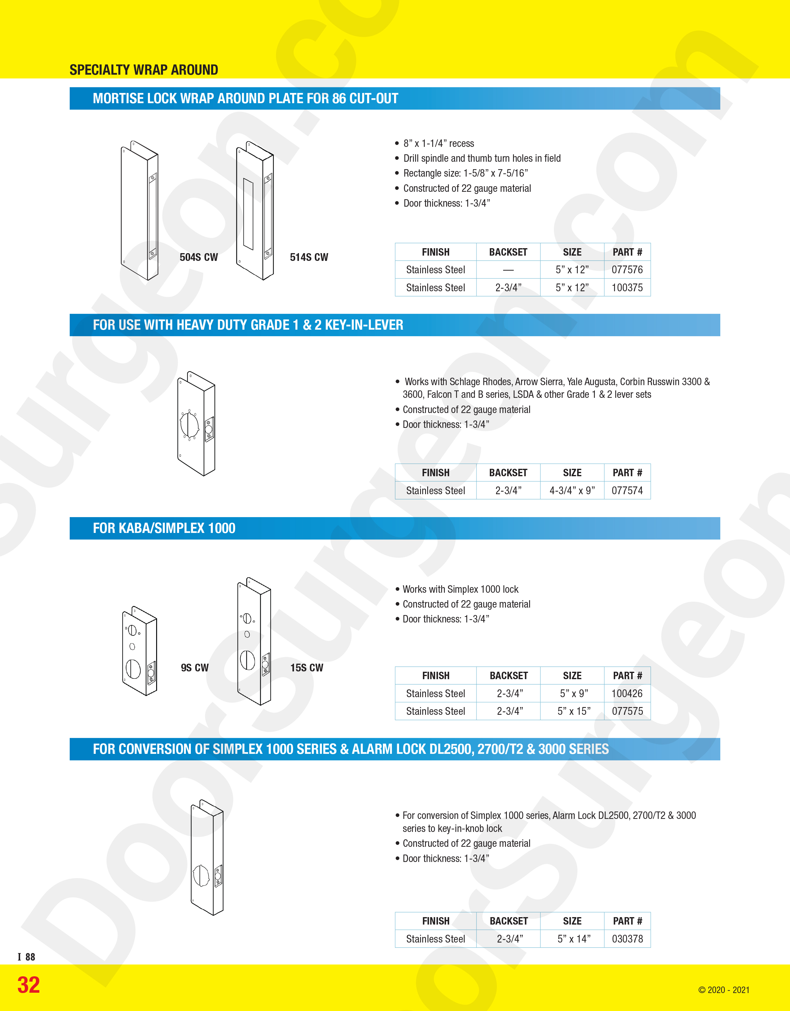 Mortise lock wrap around plate for 86 cut-out, for use with heavy duty grade 1 and 2 key-in-lever.