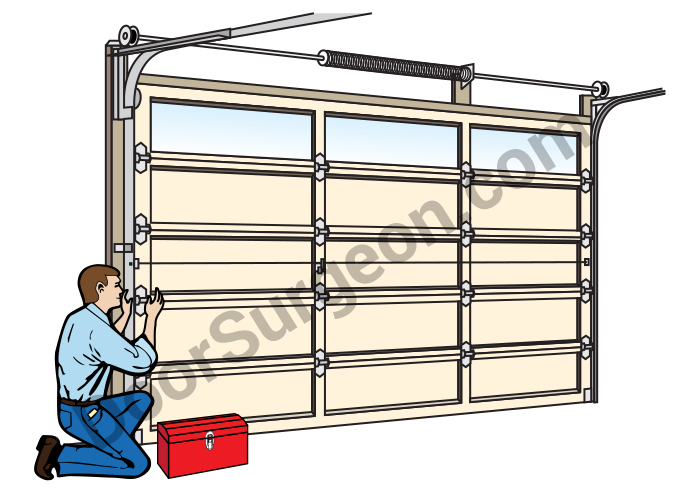 Door Surgeon garage door repair service technicial repairing a residential garage door illustration.