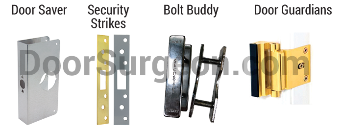 Residential door frame repair and reinforcement products, door saver, bolt buddy, door strikes.