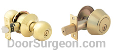 Home brass handle and brass deadbolt hardware.