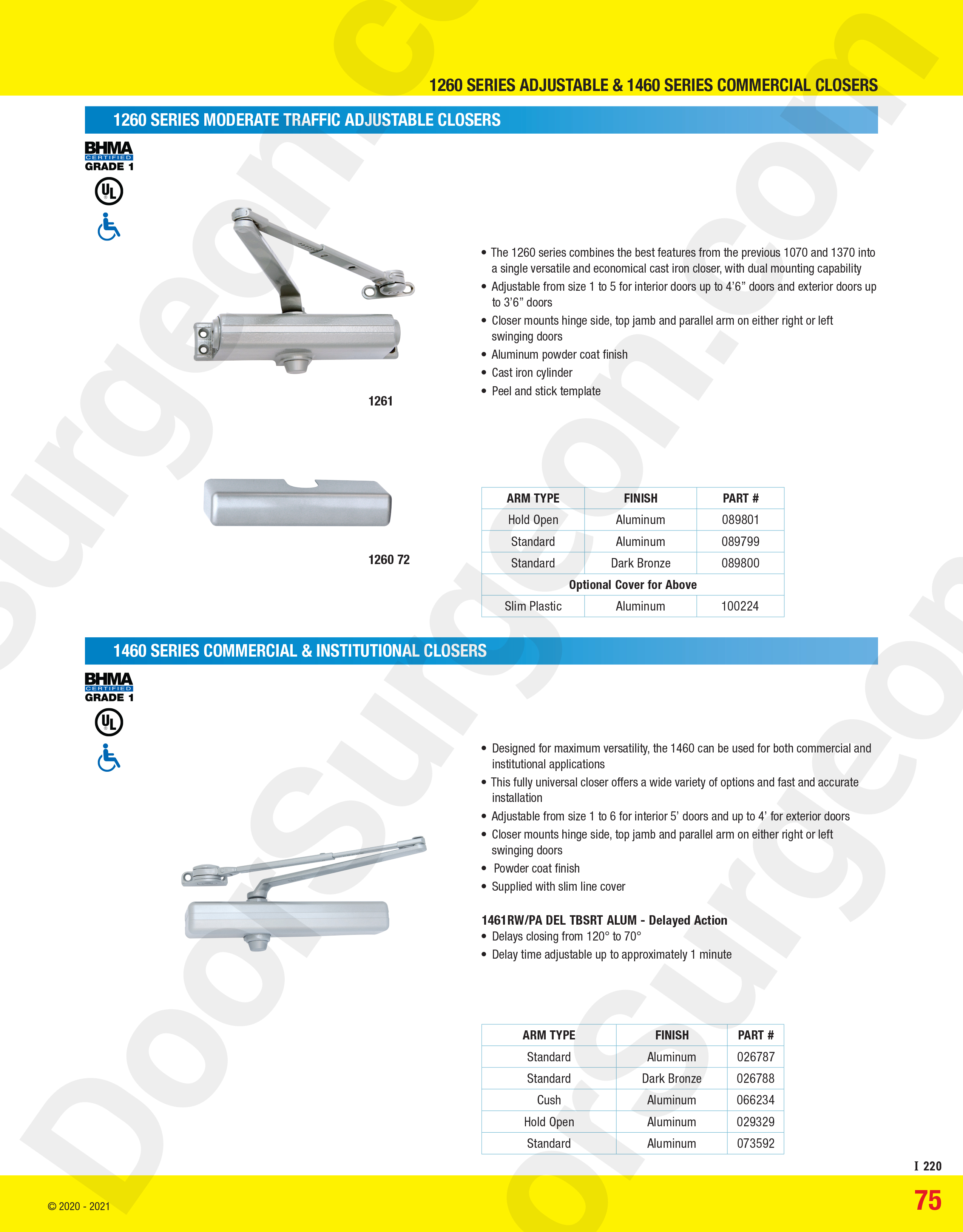 1260 Series moderate traffic adjustable closers and 1460 series commercial and institutional closers