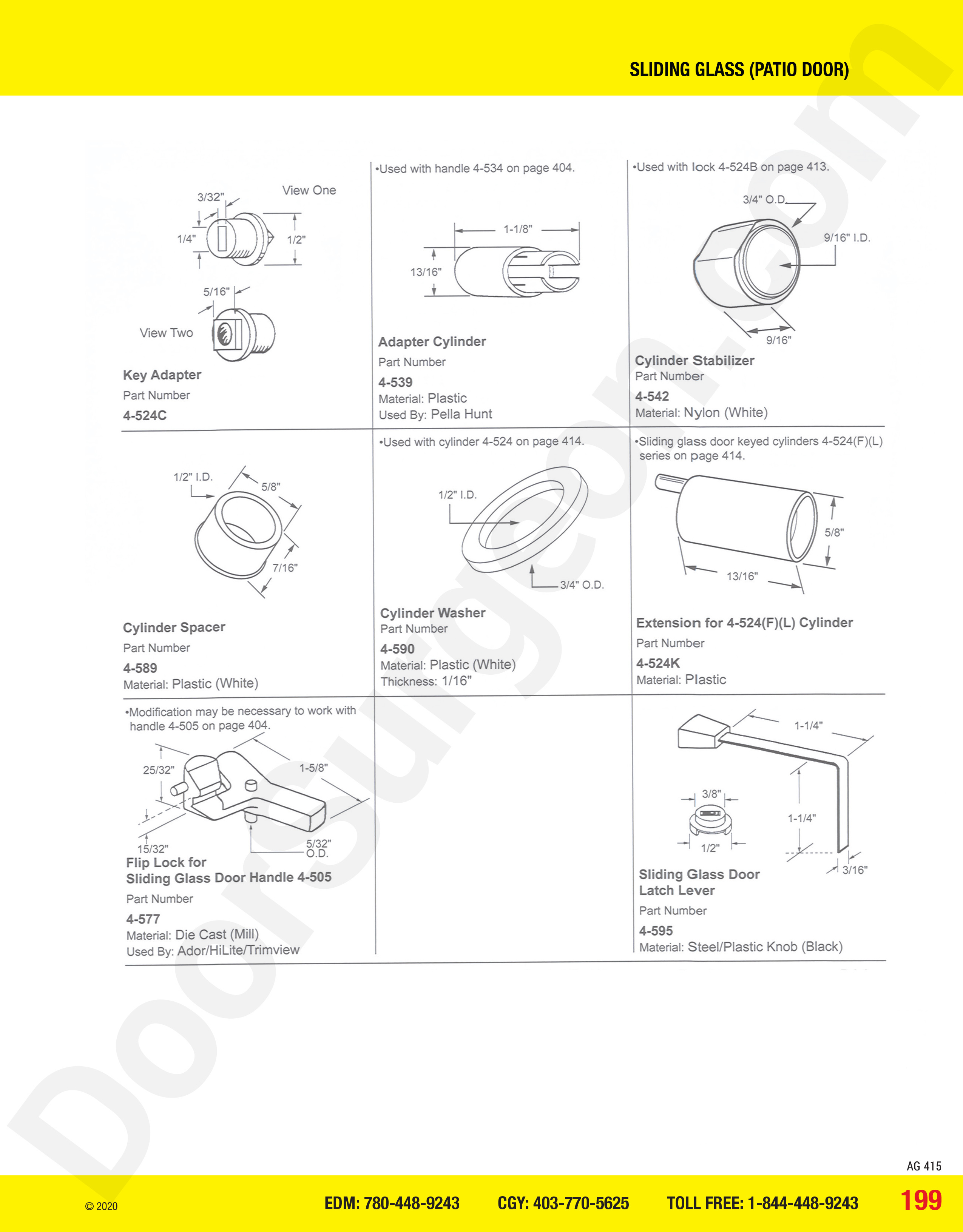 Sliding Glass and Patio Door cylinder parts