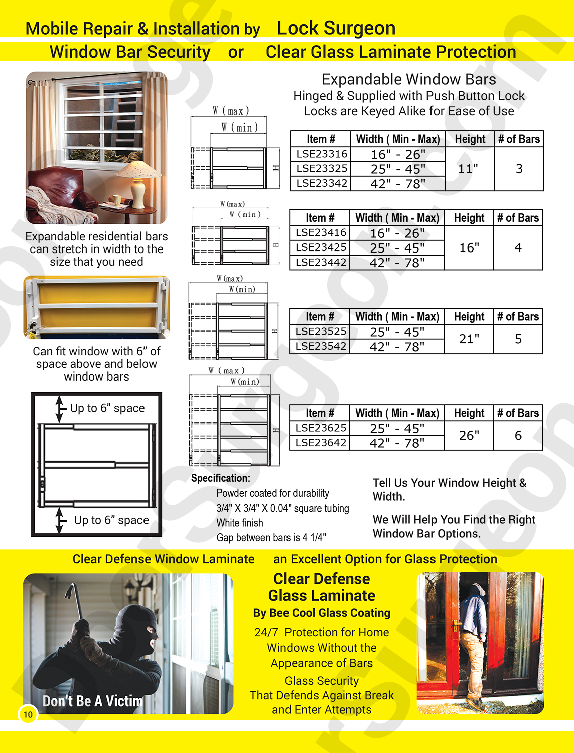 Expandable window bars for home or business window protection in custom or fixed sizes.