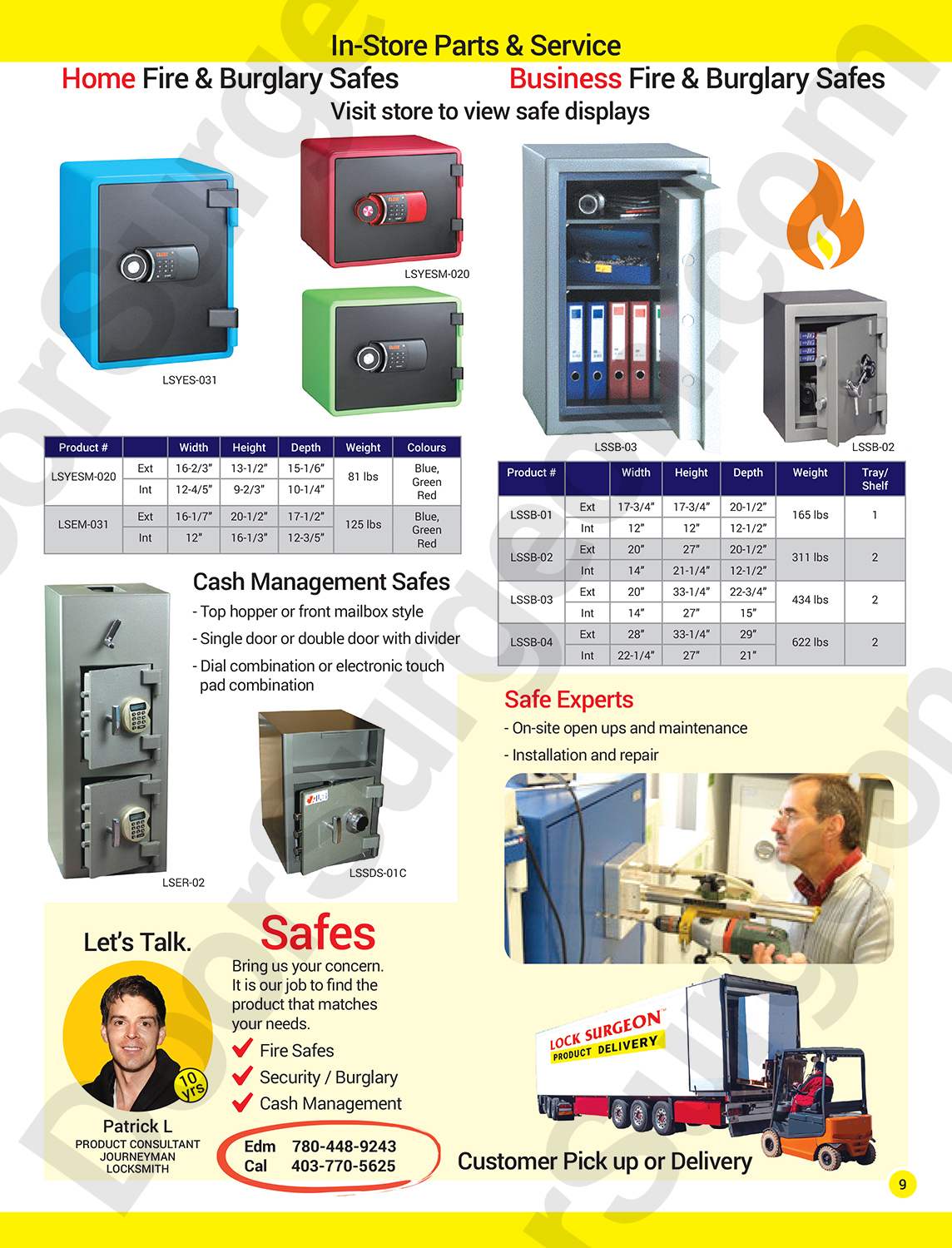 Residential home fire & burglary safes in a variety of sizes with repair & delivery safe-service.