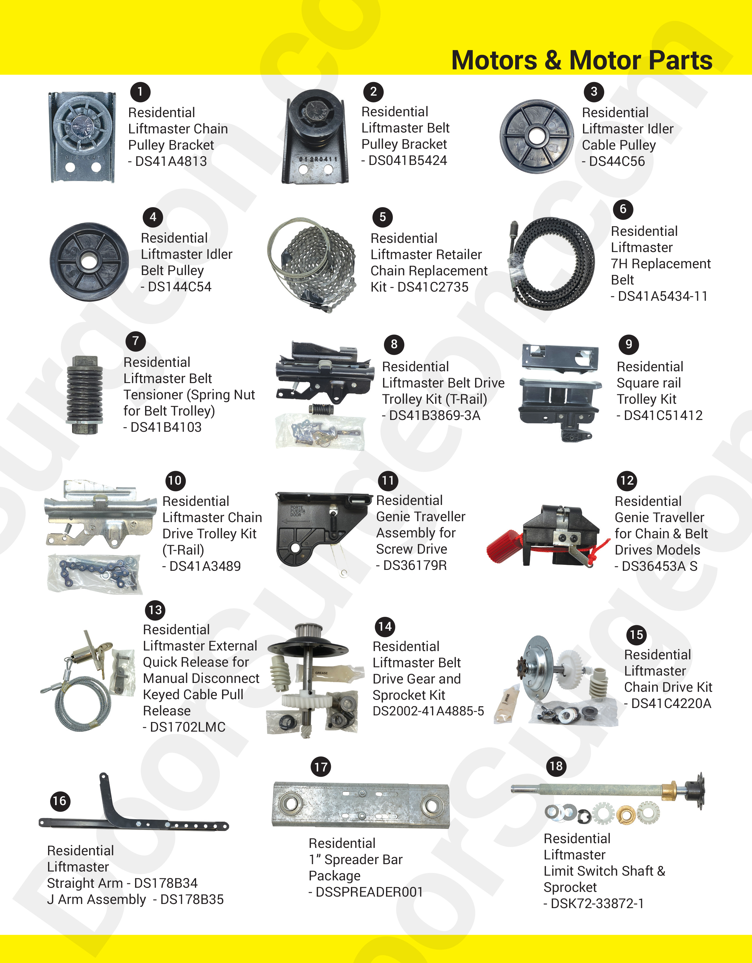 Door Surgeon replacement parts for residential garage door motors.