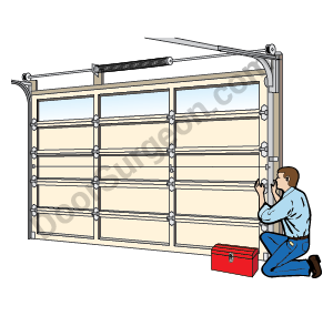 Door Surgeon garage door repair serviceman repairing garage door.