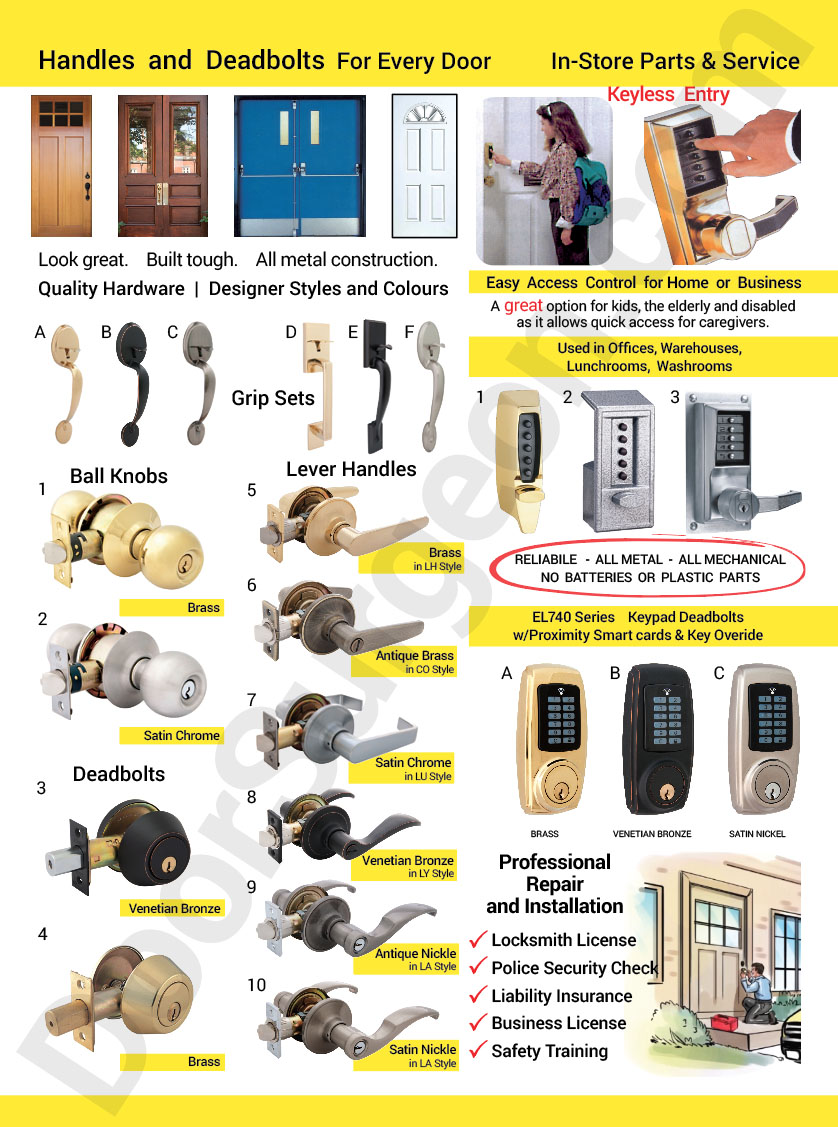 Door Surgeon locksmith shop in-store parts and service. Handles and deadbolts for every door Edmonton South.