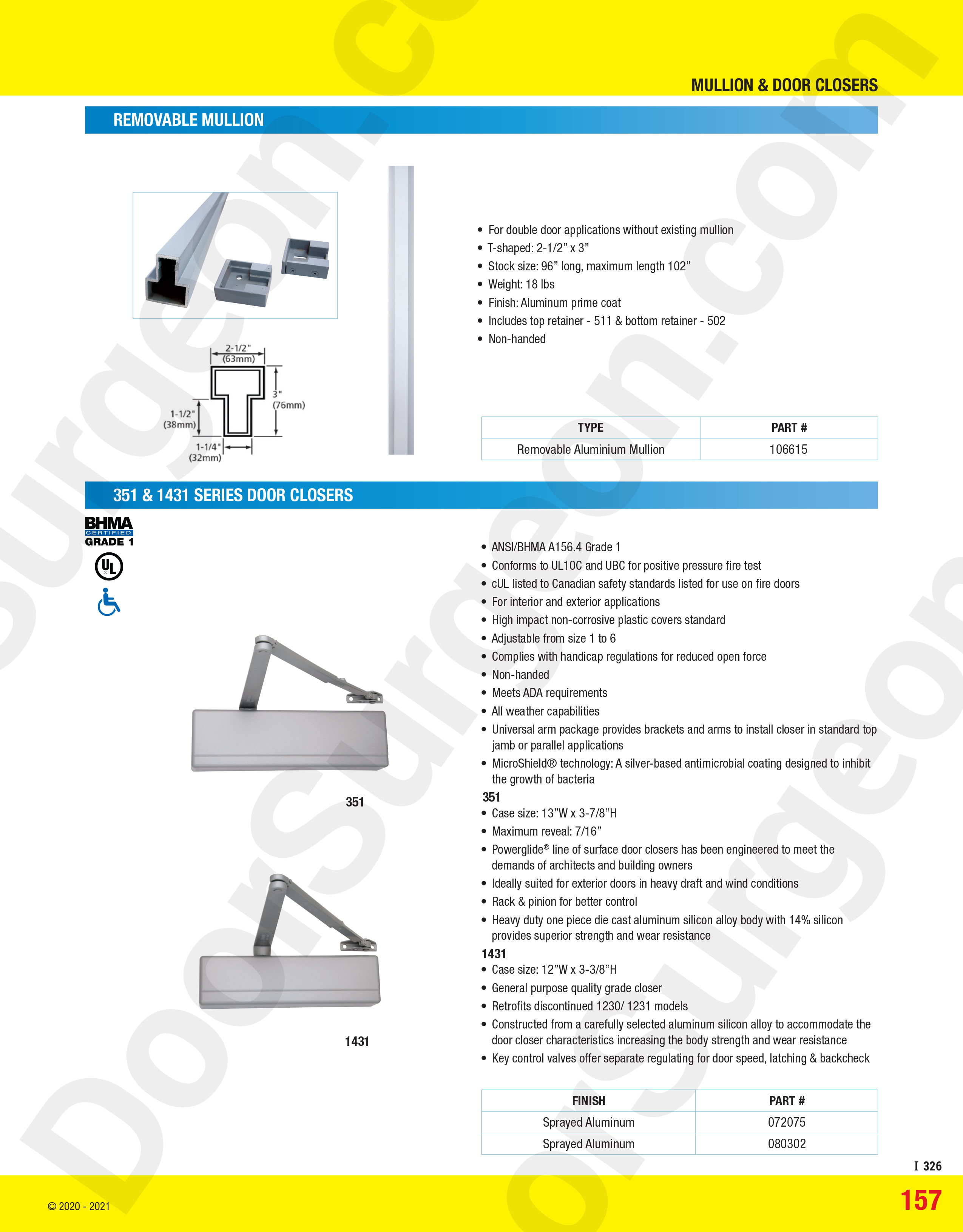 Double-door removable mullion, 351 and 1431 series door closers