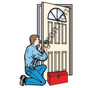 Door Surgeon home and commercial door break-in repair serviceman repairing door.