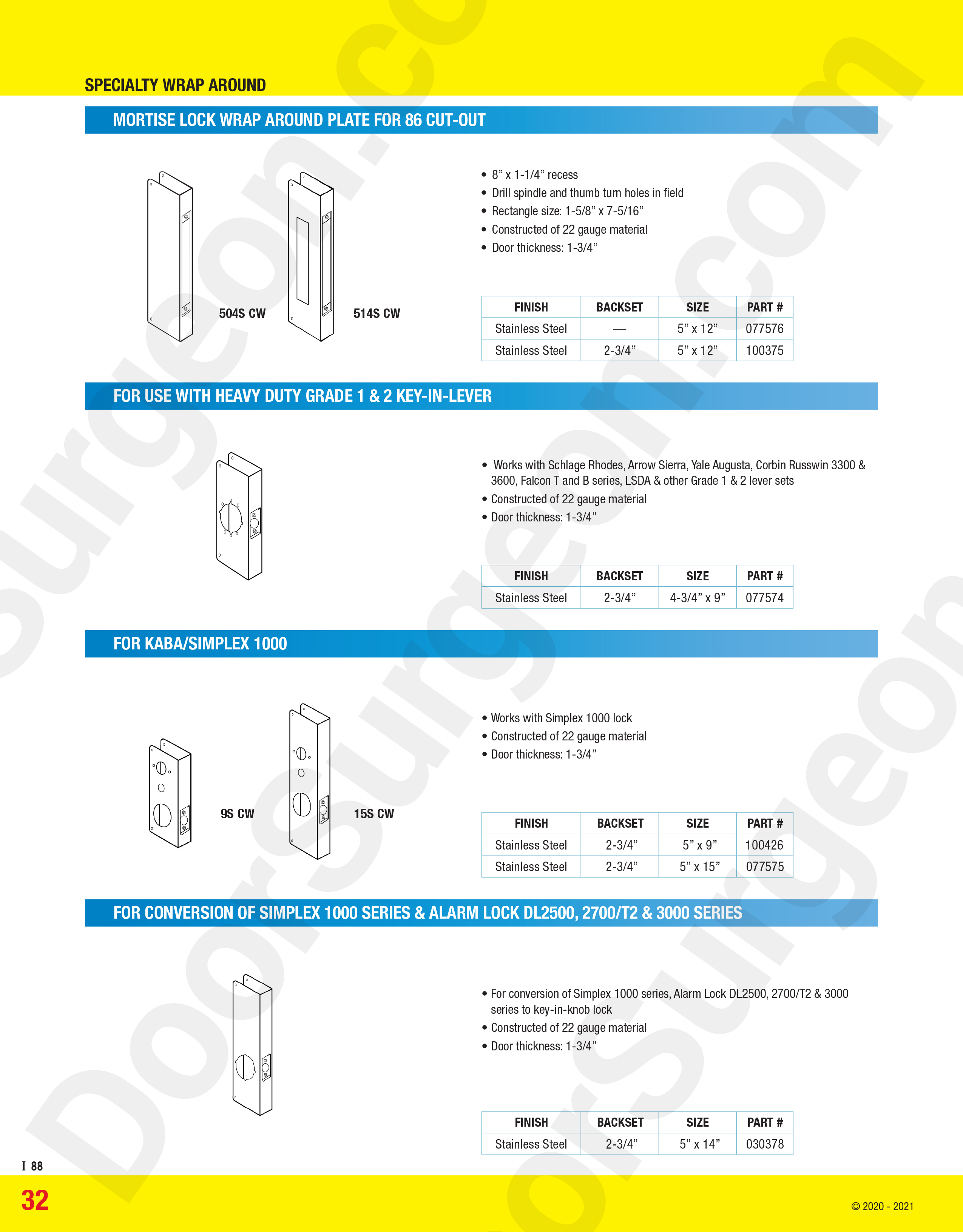 Mortise lock wrap around plates Simplex 1000 conversion and alarm lock DL2500, 2700/T2 & 3000 series