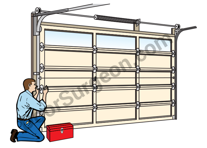 Door Surgeon garage door repair counter has parts like springs hinges rollers cables and drums.
