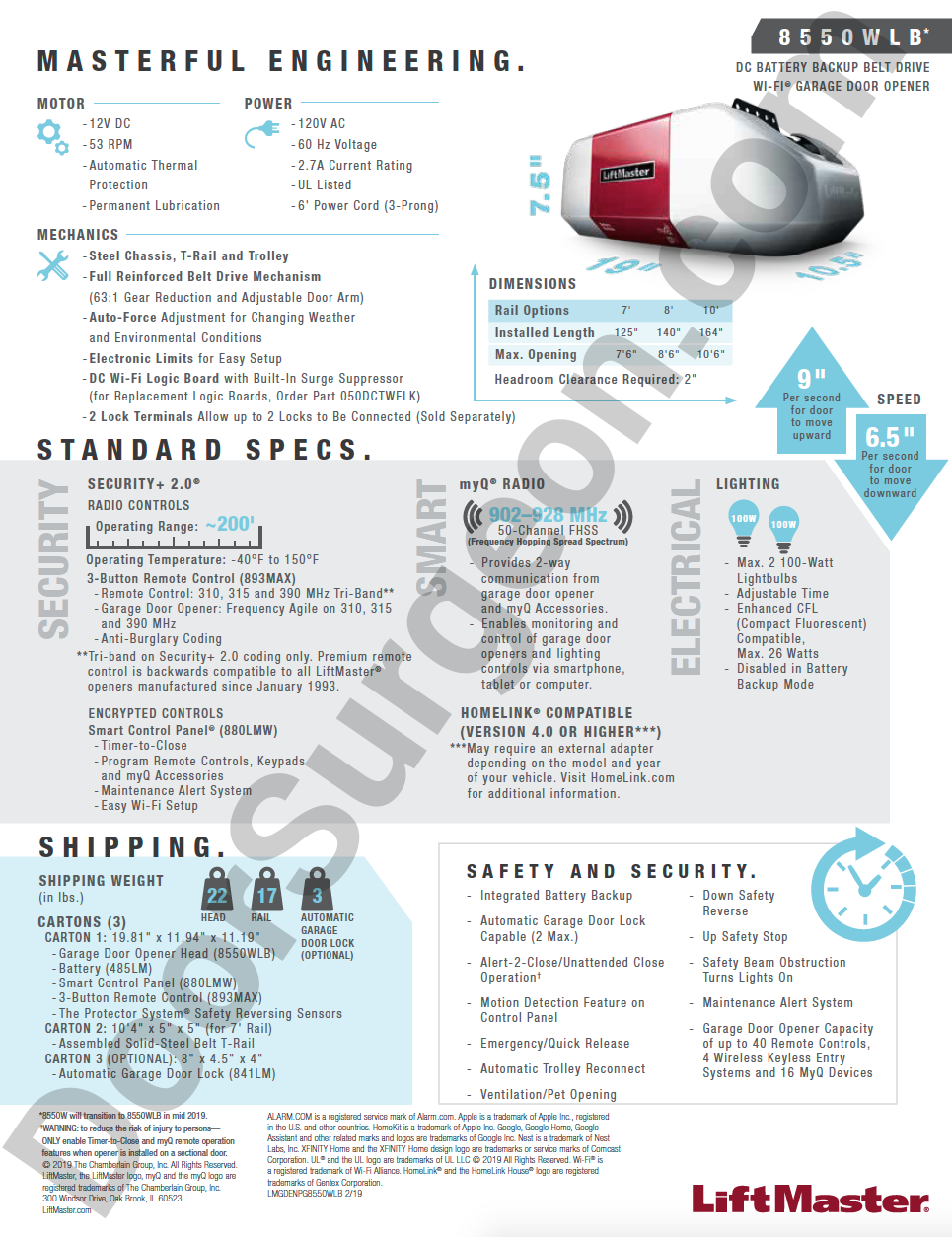 Liftmaster 8550w standard specification sheet.