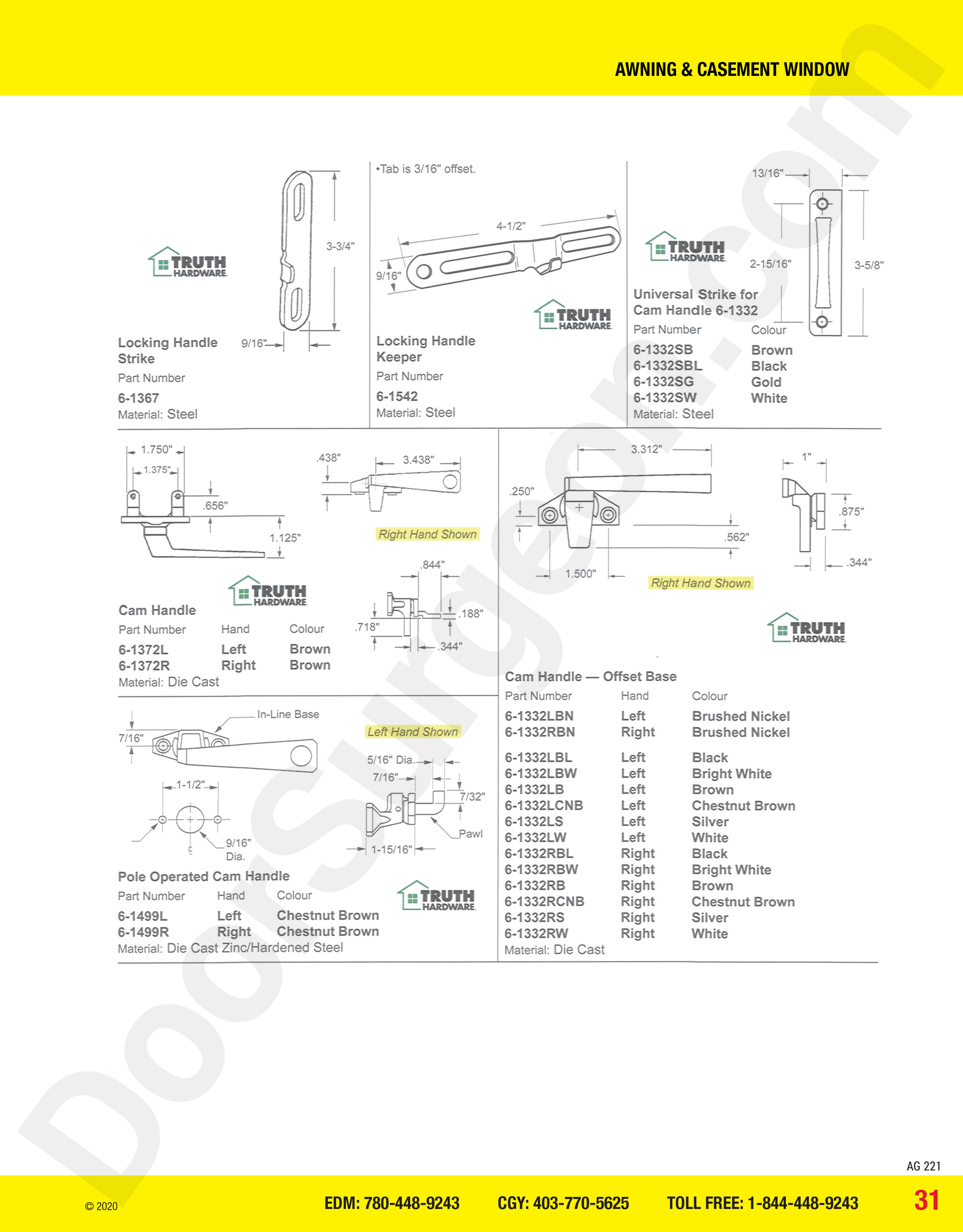 awning and casement window parts for cam handles
