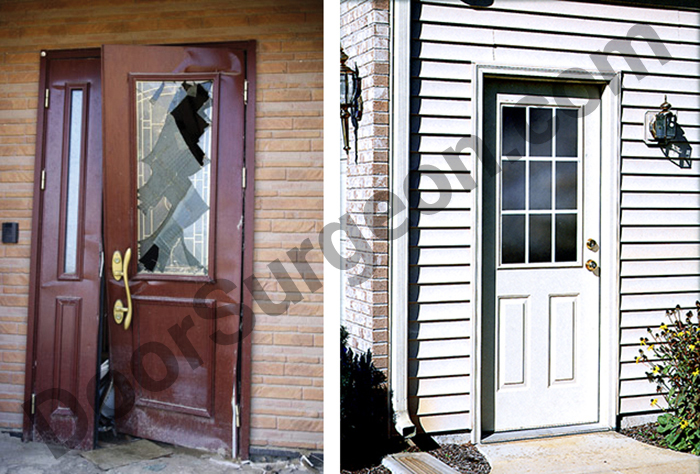 Forced entry residential home door frame break-in repair.