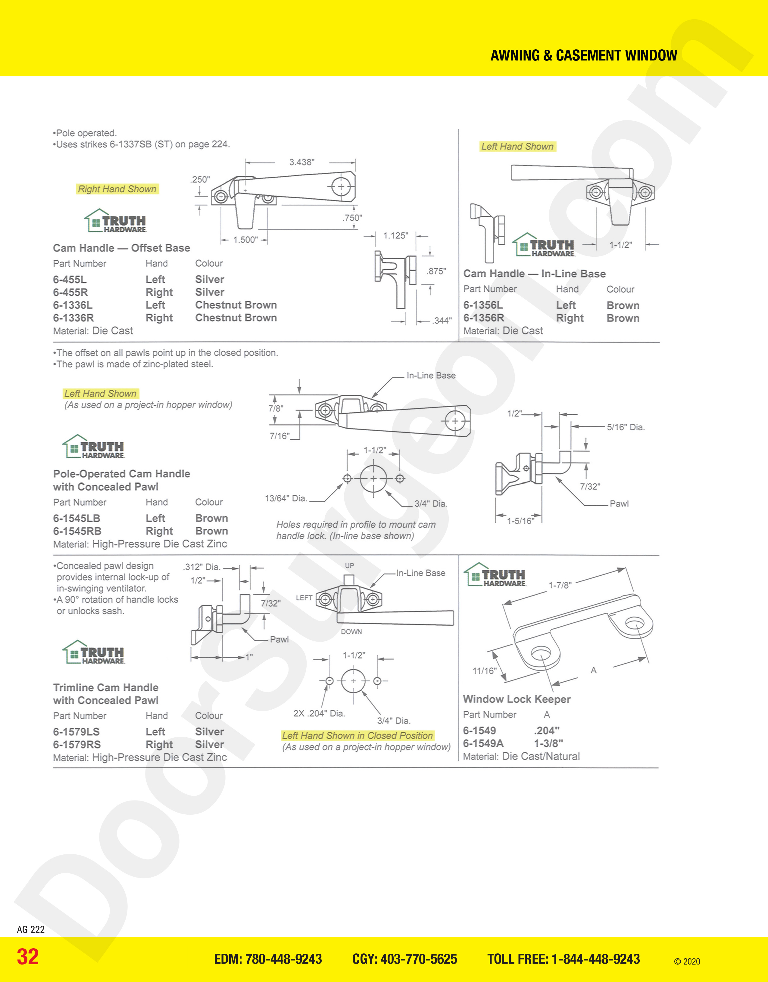 awning and casement window parts for cam handles